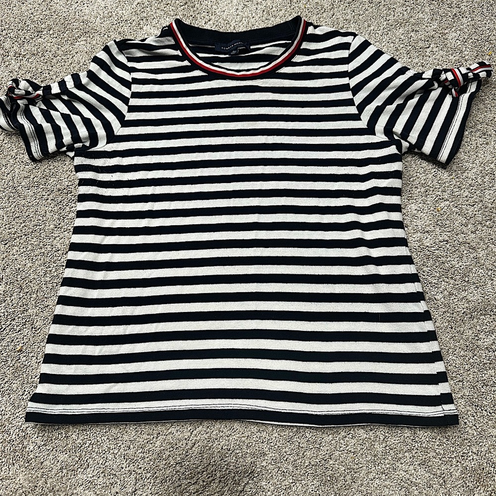 Tommy Hilfiger Women’s Black and White Striped Top with Red Trim